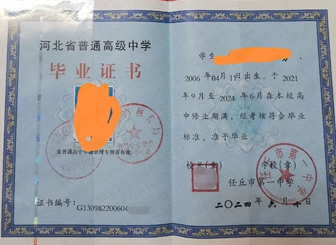 茂南任丘市第一中学高中毕业证样本图片